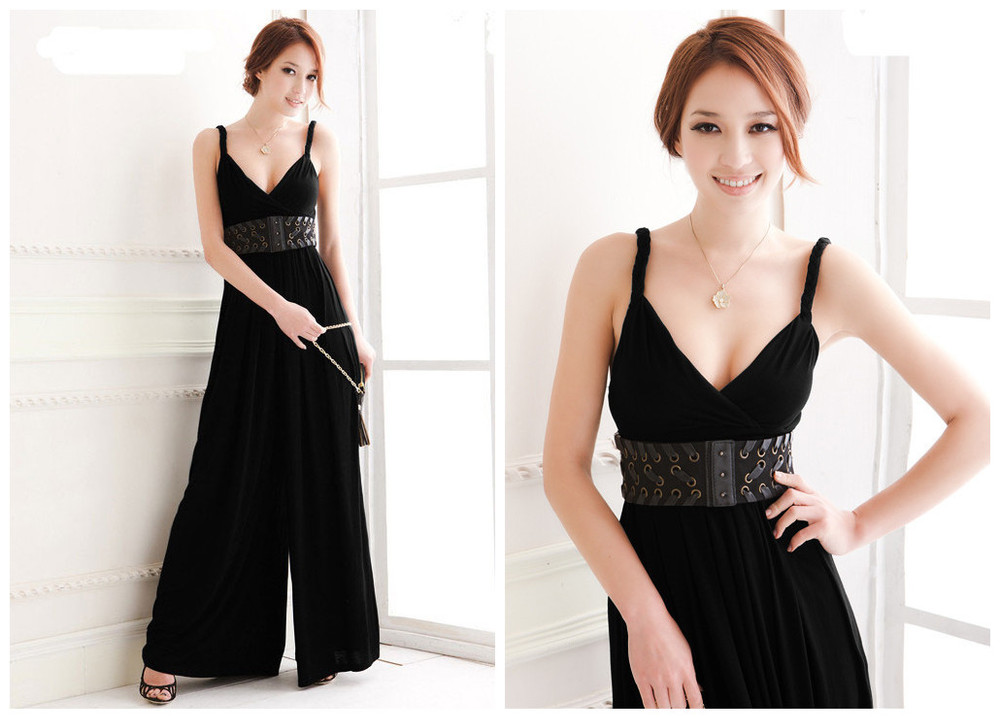 New Elegant Lady Woman Sexy Black V-Open Sleeveless Wide Leg Trousers Jumpsuits Free shipping