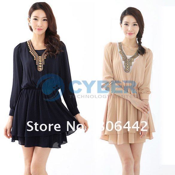 New Elegant Retro Women V-Neck Rivet Chiffon Dress Ladies' Long Sleeve Dresses Blue,Khaki 2 Sizes Free Shipping 8170