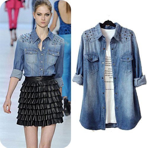 New Euro 2012 Autumn Fashon Rivet Long Sleeve Plus Size Denim Shirts For Women Freeshipping D6621