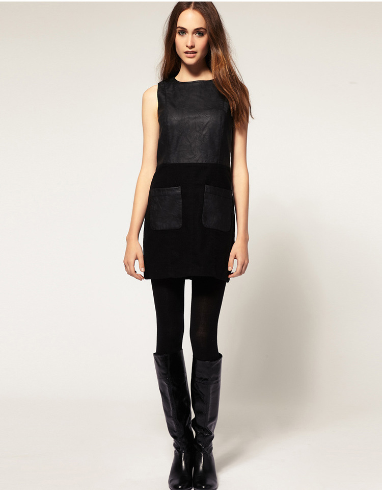 New!Europe and the United States a solid color Slim round neck long-sleeved the leather stitching hedging dress 8041
