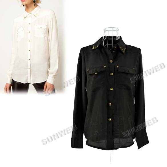 New Europe Punk Women's Long Sleeve Turn-down Collar Rivet Chiffon Blouse Shirt  Black, White free shipping 11123