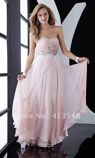 New Evening Dresses high quality Pink Sheath / Column Chiffon Strapless Anke length Beading