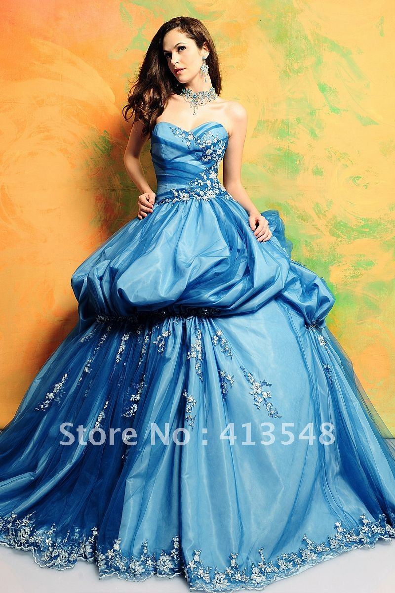 NEW Exquisite Light Sky Blue Ball Gown Charmeuse Sweetheart Floor length HandmadeFlower