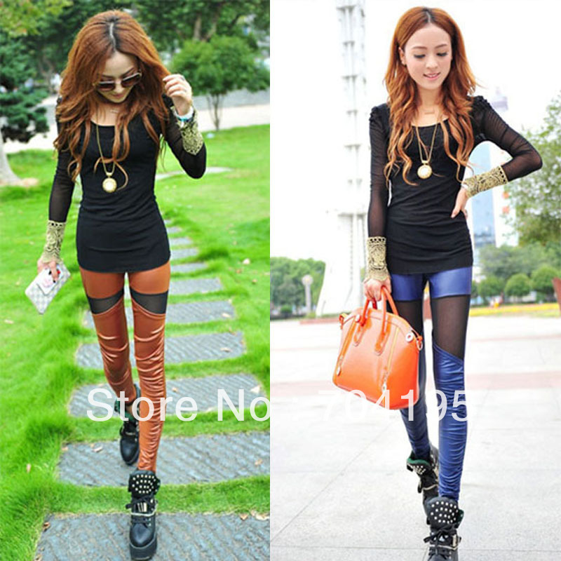 New fahsion leggings for Womens  Imitation Leather pants   Mesh patchwork Slim tights