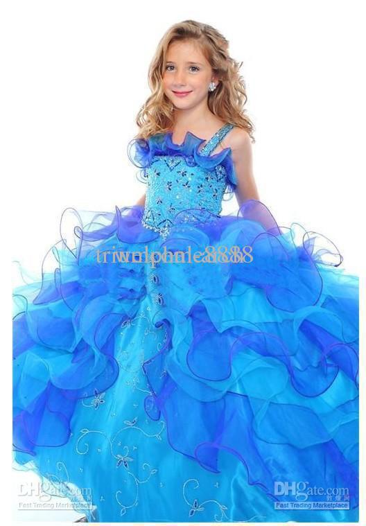 New Fairytale Blue Flower Girl Pageant Spaghrtti Beading Organza Embroider Ball Gown