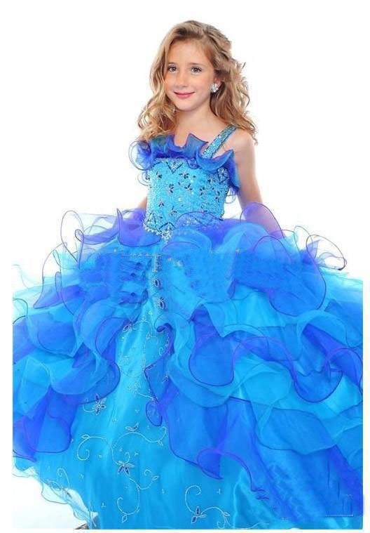 New Fairytale Blue Flower Girl Pageant Spaghrtti Beading Organza Embroider Ball Gown Wedding Dress