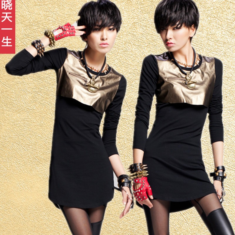 New Fall Women Fashion Synthetic Leather + Cotton Patchwork Long Sleeve Dress,O-Neck Casual Mini Knit Dress S M L Free Shipping
