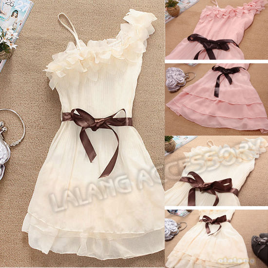 New Fashion 1pcs Women/Lady Pink/Apricot/White  Sweet Pleated Party One Shoulder Off  Strap Pleated Chiffon Dress 651020