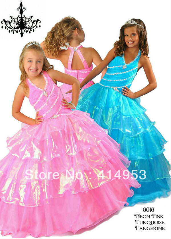 New Fashion 2012 Sexy Halter Sequin Beaded Pink Organza Ruffles Greek Goddess Style Flower Girl Dresses for Weddings