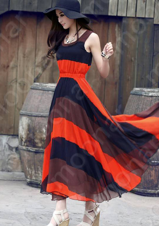 New Fashion 2013 Boho Summer  Dress Women's Color Block Chiffon Long Pleated Stripe Sleeveless Dresses E0783