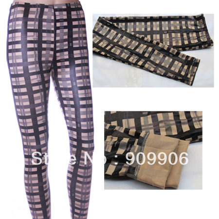 New Fashion 2013 Faux Leather Leggings Plaid Graffiti Skinny Tights Pants free shipping