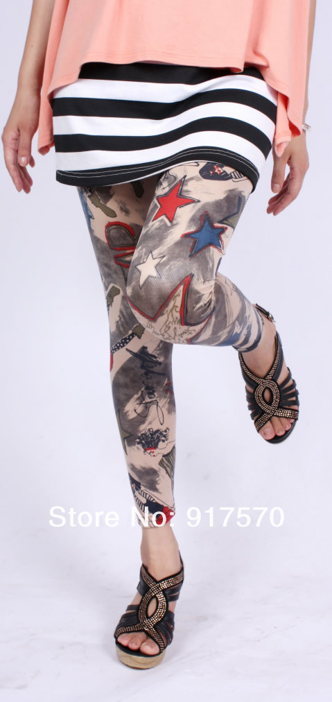 New Fashion 2013 Faux Leather Leggings Plaid Star Graffiti Leggings Skinny Tights Pants Shipping With Tracking Number