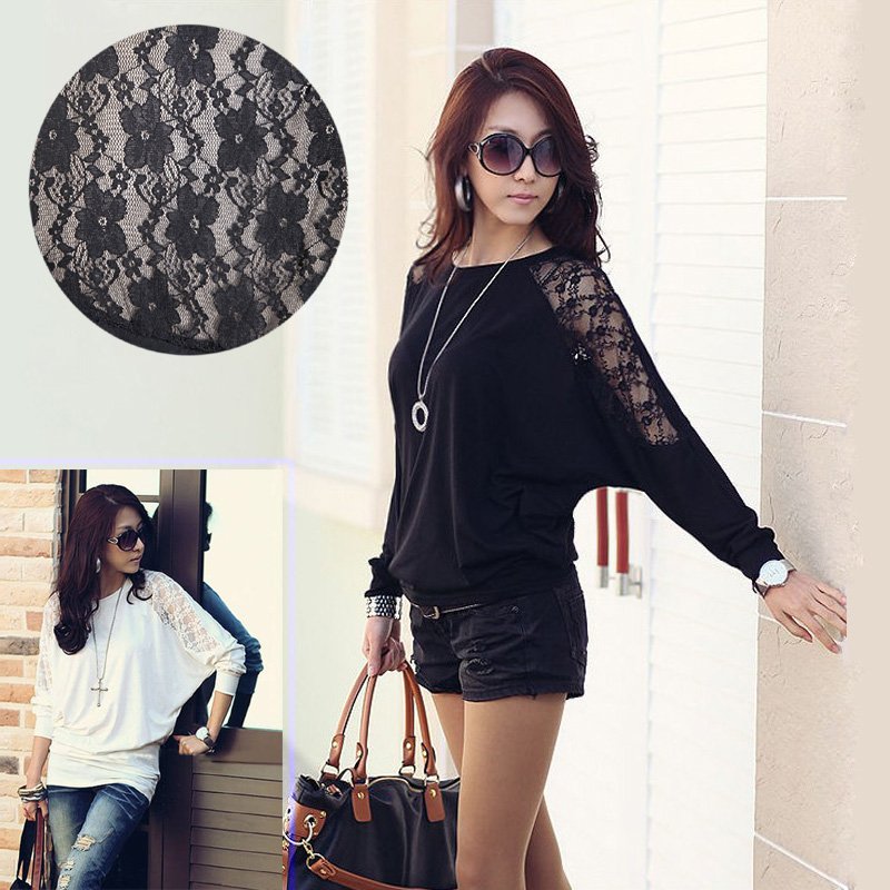 New Fashion 2013 Women's Batwing Top Dolman Lace Loose Long Sleeve T-Shirt Blouse for Women Black White S M L XL , Free Shipping