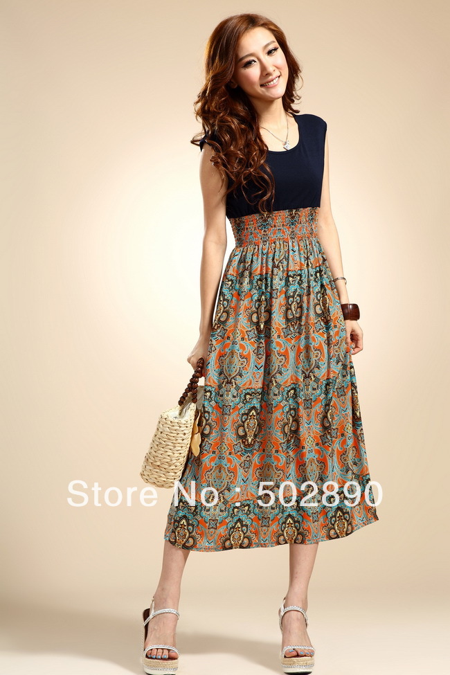 New Fashion 4 colors free shipping Womens Lady Cotton and Chiffon Dress Sleeveless Bohemian Print Skirt Long Dress Folk style