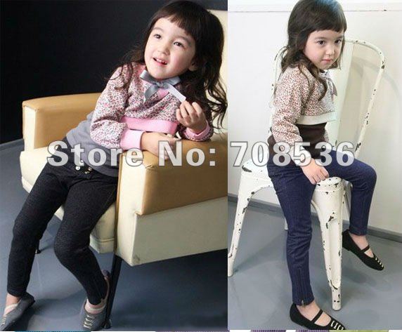 New fashion 8 buttons adorn  Zipper leg  girls jeans / long pants, Children jeans pants ,kids wear ,Black,dark blue