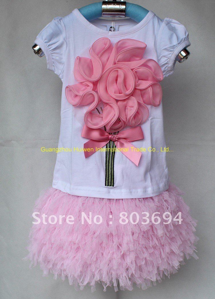 New fashion B2W2 design children summer clothing set baby girl short sleeve t-shirt+skirt skirt 2pcs suit 5sets/lot  A-81 pink