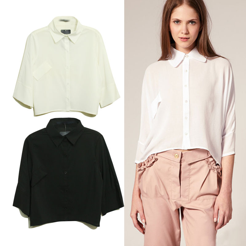 NEW! Fashion black and white pocket half sleeve autumn shirt high waist pointed collar chiffon shirt free shipping