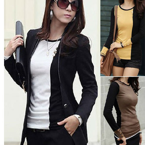 New Fashion Color Block Women's Slim Shirt Long-sleeved T-shirt Top 4 Sizes 3781