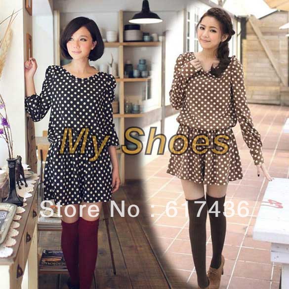 New Fashion dot Ladies Romper Suit Cat Suit Long Sleeve Jumpsuits Black/ Khaki free shipping 9186