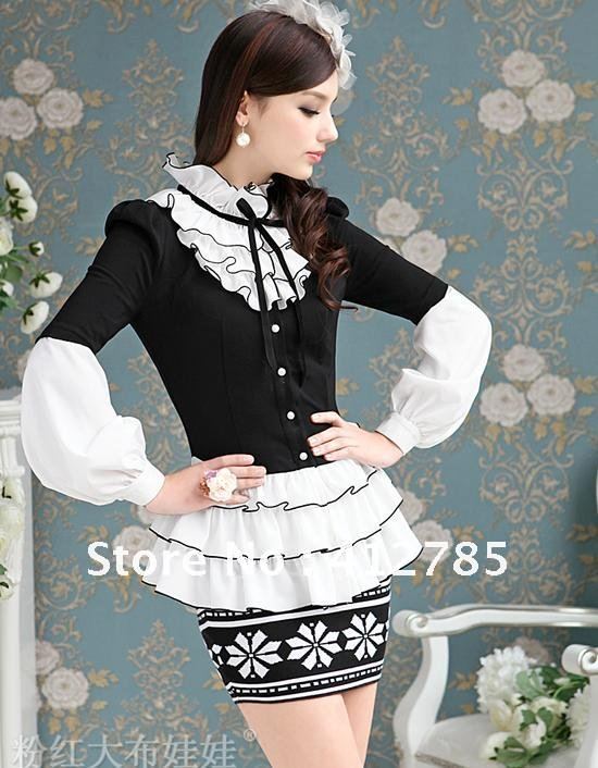 New Fashion Elegant Womens Patchwork Puff Long Sleeve Cotton Blouse Sweetheart OL Dress Shirts Sexy Slim Size S-XL