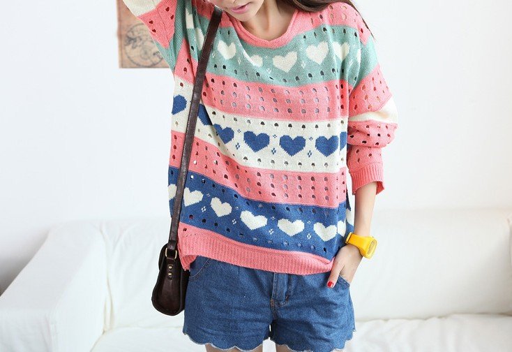 New Fashion Hollow Out Colorful Stripe Loose And Cute Sweaters Free Shipping 2090704