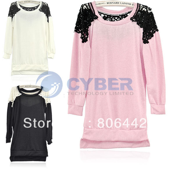 New Fashion Hot Korean Women OL Lace Sweet Long Sleeve Knitted Sweater Top 3Colors Free Shipping 8214