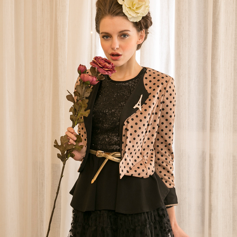 New fashion Jkv 2013 spring vintage polka dot slim all-match o-neck slim waist short outerwear blazer design Free shipping
