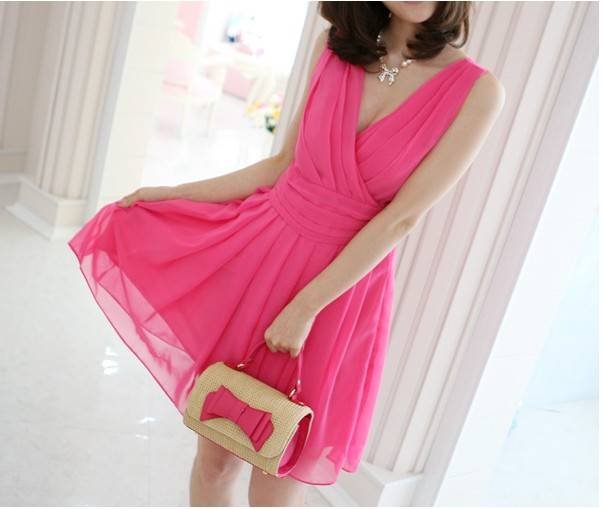 New Fashion Korea Style Sweet Sexy Womens V-Neck Chiffon Pleated Dress 3 Colours Jumper Skirt Matching Slim Dress Clothing DR10