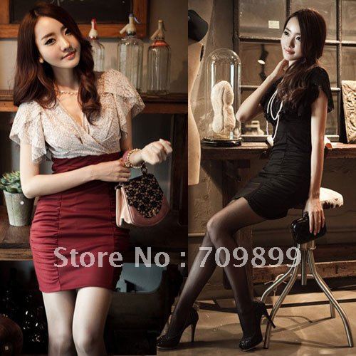New Fashion Korea Women Lace Pleated Mini Dress Evening Party Short Wave Sleeve E0293