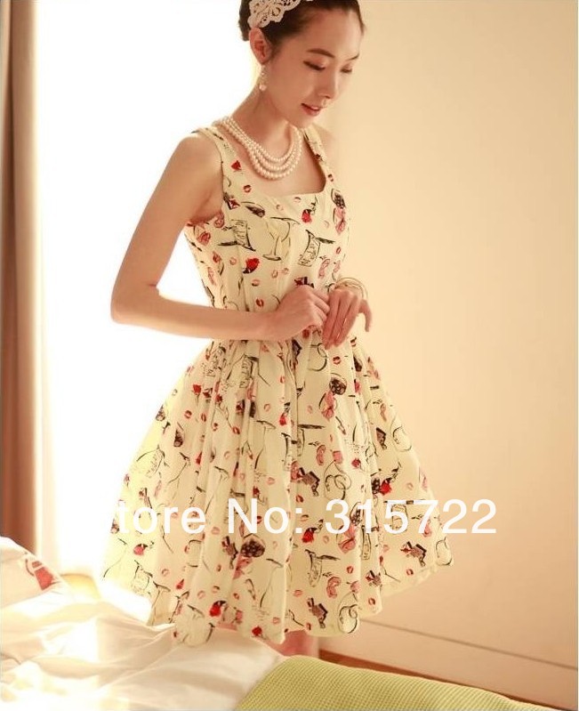 New Fashion korean lady slim printed pleated princess dress S,M,L A-072