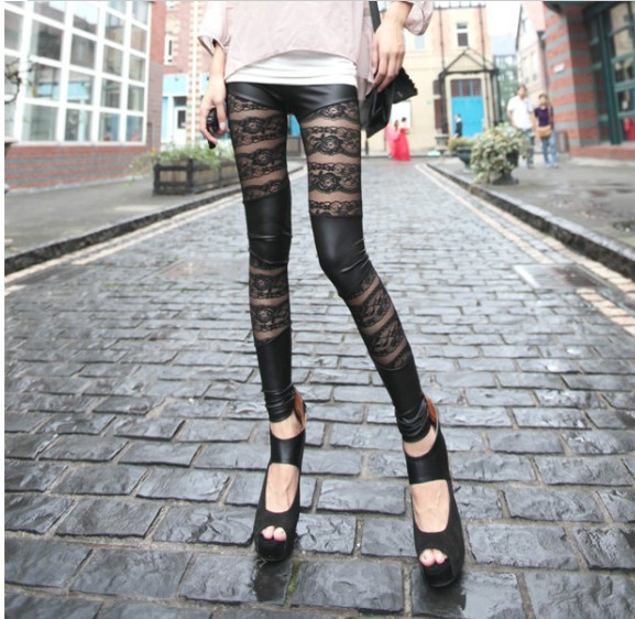 New Fashion Korean Style Good Quality  Woman's Leggings Lace And Faux Leather Patchwork Design Lady's Pants Sexy Female Socks