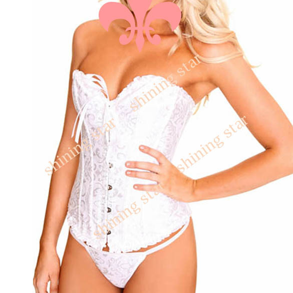 New Fashion Lace up Steel Corset Sexy G-String Lingerie Bustier White 3106