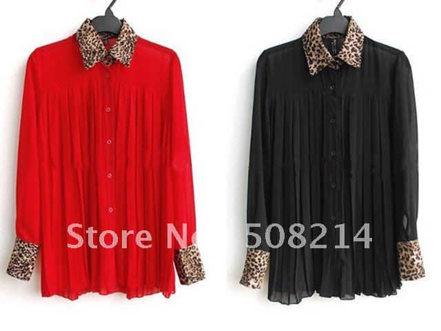 New Fashion ladies' Leopard Collar Chiffon Shirts, Women's EuropeStyle Chiffon Blouse Bottoming Shirt