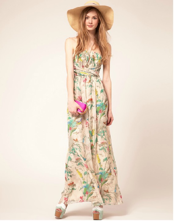 New Fashion Ladies' Pleated Tube Top Elegant Flower Print Chiffon High Waist Full Dress One-piece Dress XS-XXL