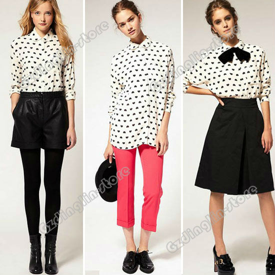 New Fashion Ladies Women's Long Sleeve Casual Chiffon Heart Pattern Print Shirts Tops Blouse White Size S M Free Shipping #370