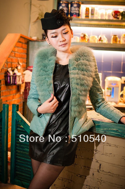 new fashion lamb leather ladies short garment with  fox fur trim for winter 2012  women's down filled jacket missy size