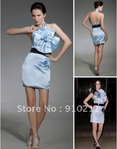 New Fashion Leighton Meester Sheath/ Column Halter Sleeveless Short/ Mini Satin Gossip Girl Fashion/ Cocktail Dress