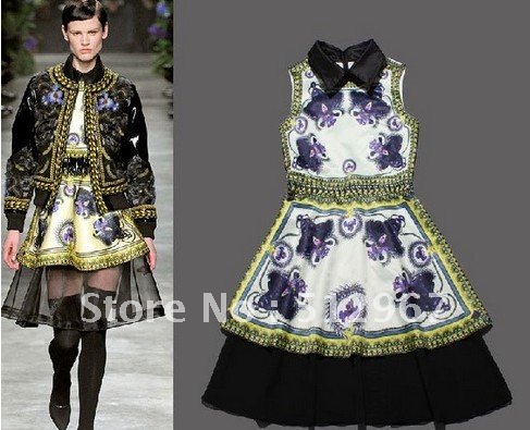 New Fashion Luxurious Brand SS12148 Catwalk Stylish Women Turndown Collar Printed Vintage Dress Summer Dresses Free Shipping