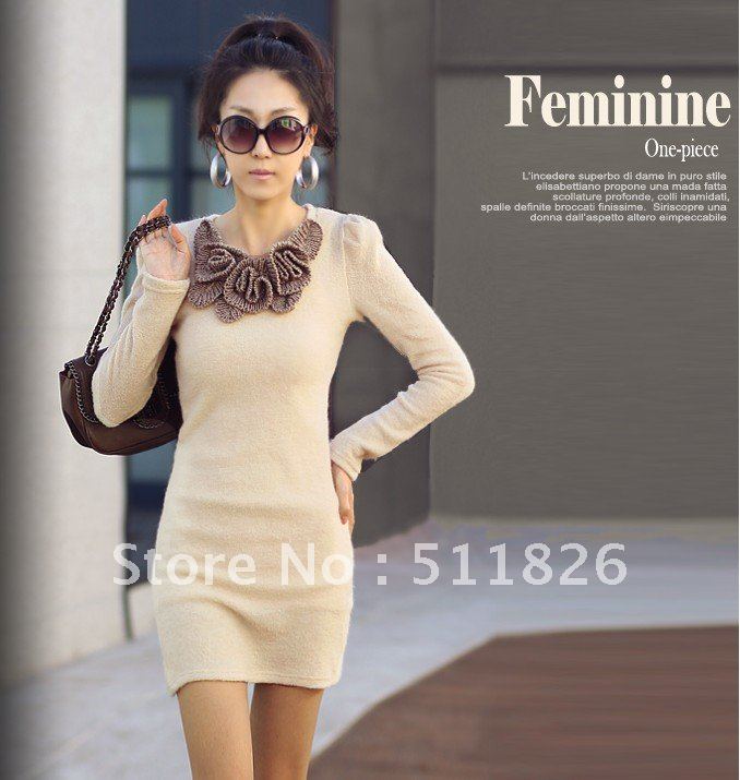 New Fashion Mini Long Sleeve Butterfly Flower Woollen Sweater Short Skirt Dress free shipping  5119