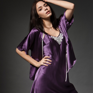 New Fashion Mulberry silk female set spring and summer sleepwear purple sexy 9100 Dresses