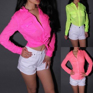 New Fashion Neon Colors fluorescent color Shirts Women turn-down collar long-sleeve Sexy Blouse Lady Soild Slim Shirts