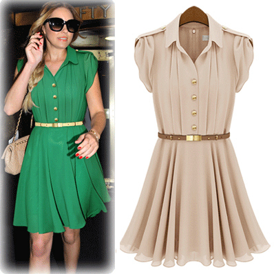 new fashion ol high waist slim turn-down collar short-sleeve single breasted chiffon pleated women dress