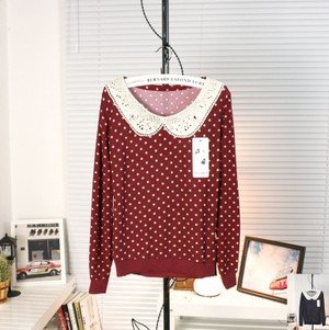 New Fashion Polka Dot Lace Turn-Down Peter Pan Collar Sweet Long-Sleeve Sweater Women Kintwear Spring