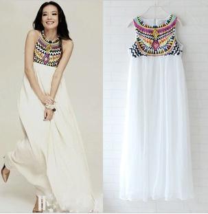 new fashion Sequins Design Chiffon Maxi Dresses Embroidery Bohemian Beach Long Dress vintage elegant gorgeous party evening F30