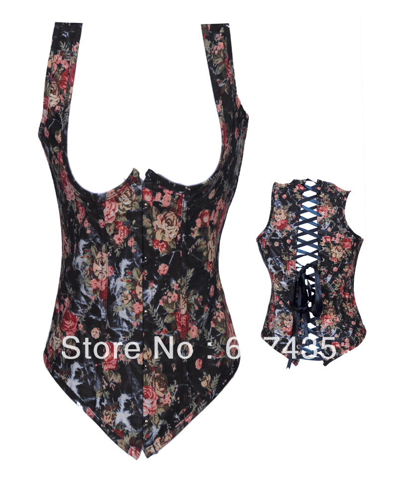 New fashion Sexy  2 color black/blue  floral  jeans underbust outwear with strap Lace up steel boned Corset Bustier  S-XXL