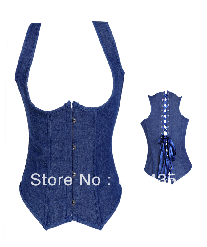 New fashion Sexy blue jeans underbust outwear  with strapshaper Lace up steel  boned Corset Bustier  +G-string S-XXL