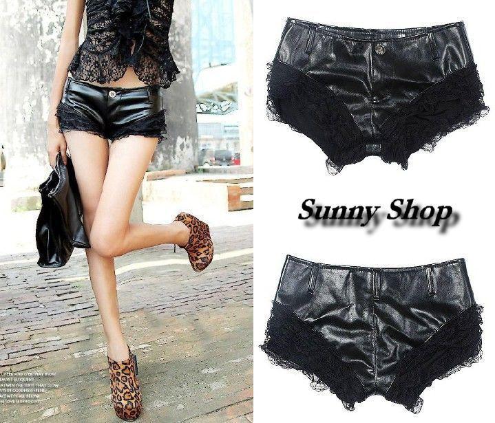 New Fashion Sexy Classic PU Faux Leather Lace Black Mini Bodycon Shorts Hot Pant  Free Shipping top quality!