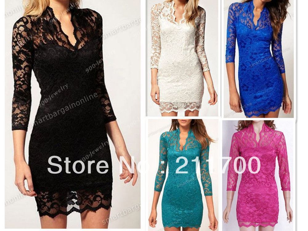 New Fashion Sexy Ladies Stylish V-Neck 3/4 Sleeve Slim Lace One-piece Women's Clubwear Party Evening Mini Dress Free shipping