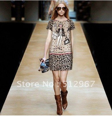 New Fashion Shopping Girl Leopard Prints Casual Dress SS12191 Women Short Sleeve Printed Silk Dresses Plus Size Cute Dresses