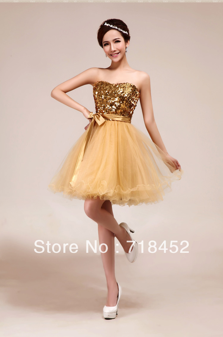 New Fashion Short Gold Graduation Dresses Short Prom Dress Sequins Sweetheart SLSY011